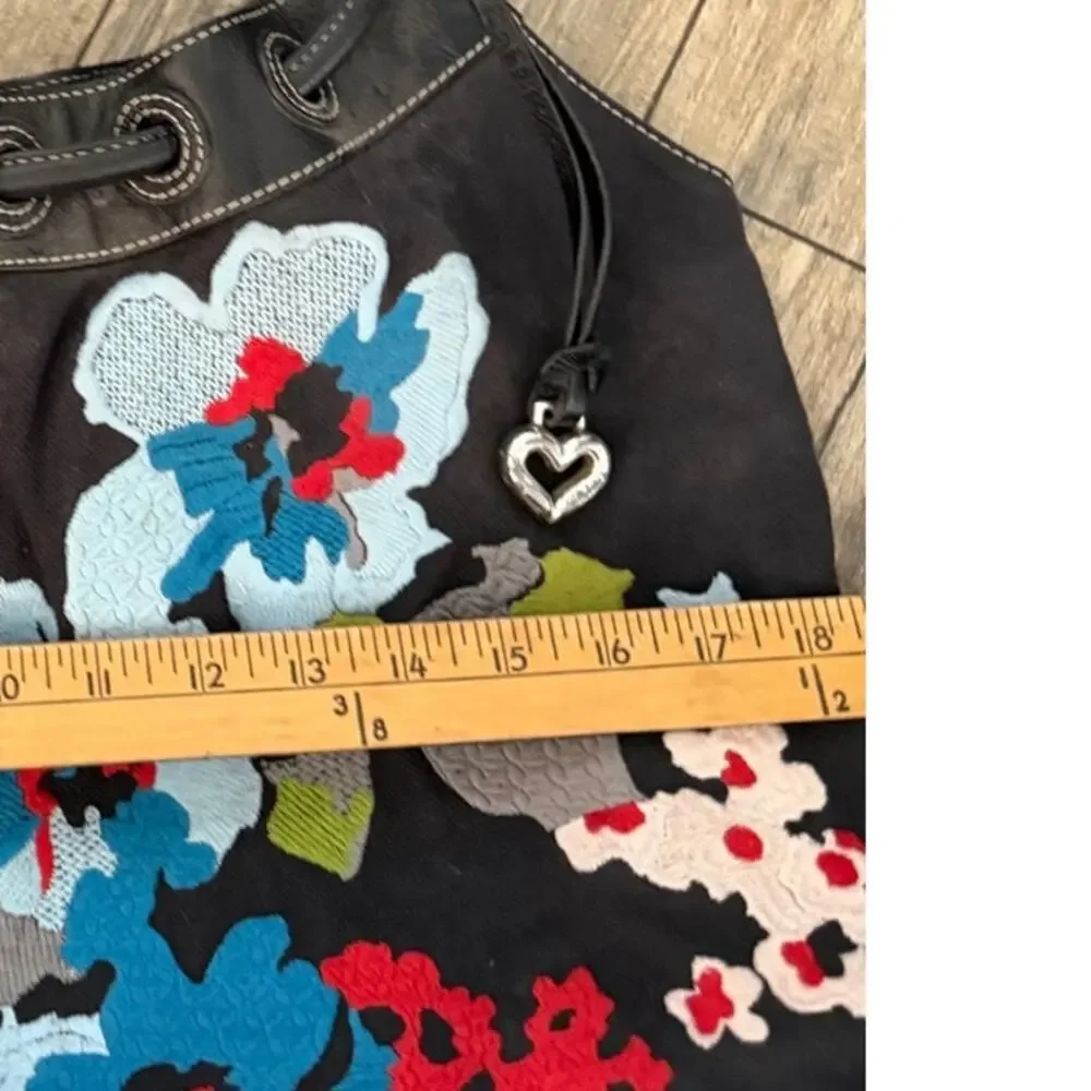 Brighton Handbag Black Canvas Floral Embroidered Leather Shoulder Strap boho